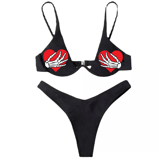 Heidi-Mode | Sexy Goth Bikini Frauen Buchstaben Totenkopf Druck Badeanzug Split Badeanzug Hohe Taille Gotische Bikini Set Strandoutfits