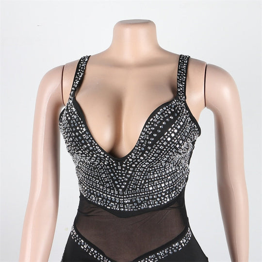 Heidi-Mode | Diamanten Netz Rückenfreies Schlaghose Overall