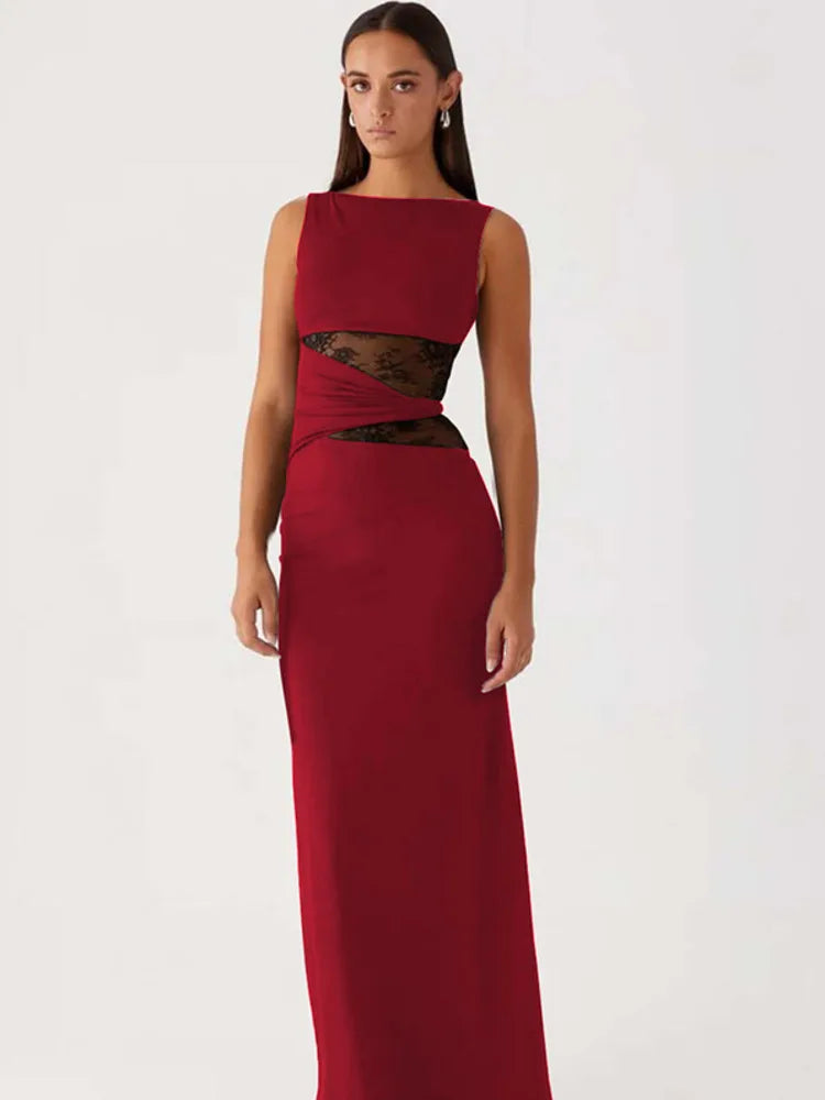 Heidi-Mode | Transparente Spitze Ohne Ärmel Sexy Maxi Kleid für Frauen Gown Sommer Patchwork Mode O-Ausschnitt Bodycon Lange Tank Kleid Vestido