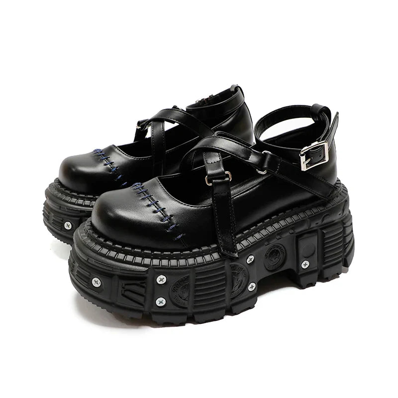 Heidi-Mode | Punk Stil Flach Plattform Schuhe Niete Schnalle Riemen Mary Janes Kreuz Riemen Schwarz Leder Dicke Sohle Schuhe Frauen Sandalen Sommer
