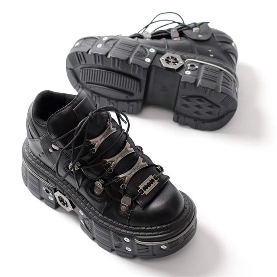 Heidi-Mode | Frauen Ankle Boots für Frauen Dicke Sohle Schnürsenkel Metall Dekoration Runde Zehen Plattform Schuhe Ladeis Punk Gothic Sneakers