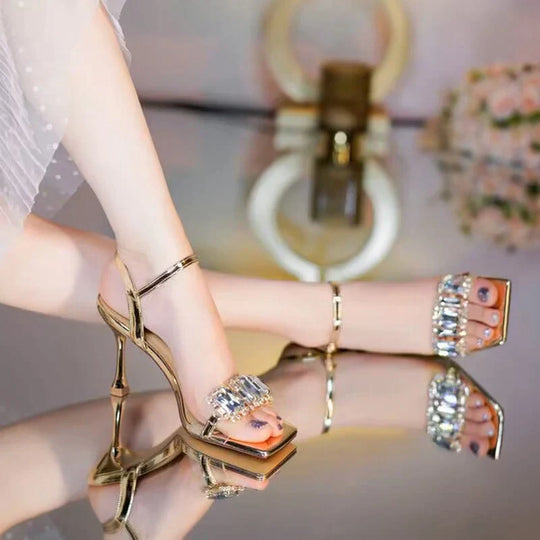 Heidi-Mode | Gold Silber Hohe Absätze Sandalen Frauen Sommer Quadratische Zehe Glänzende Kristall Sandalen Frauen Knöchellaschen Dünner Absatz Fest Pumps Schuhe
