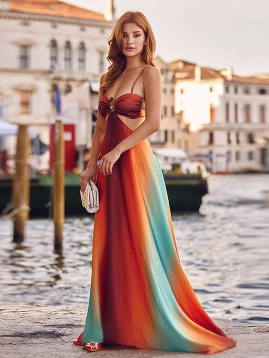 Heidi-Mode | Tie Dye Gradient Hulud Frauen Maxi Kleid Elegant Off Shoulder A-Linie Saum Lange Kleider Neu Sommer Ferien Frauen Robe