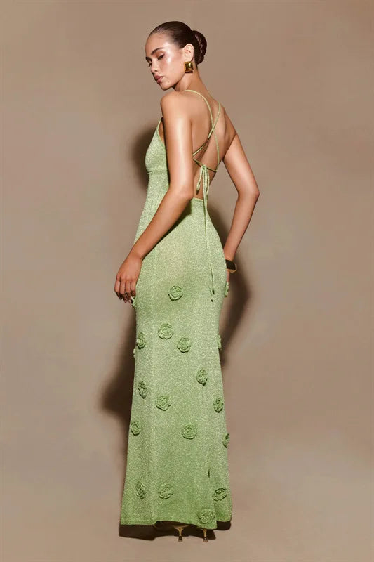 Heidi-Mode | 3D Blumen Rückenfrei Lang Kleid