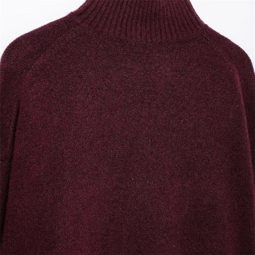 Heidi-Mode | Elegant Burgundy Hoher Kragen Damenpullover