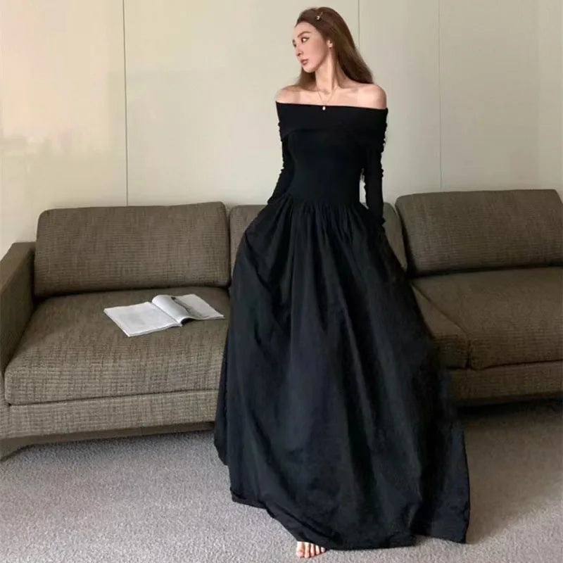 Heidi-Mode | Schwarz Elegant Slash Neck Lange Kleid Frauen Y2K Frühling Koreanisch Sexy Off Shoulder Lange Ärmel Kleid Mode Alle Match Festkleider
