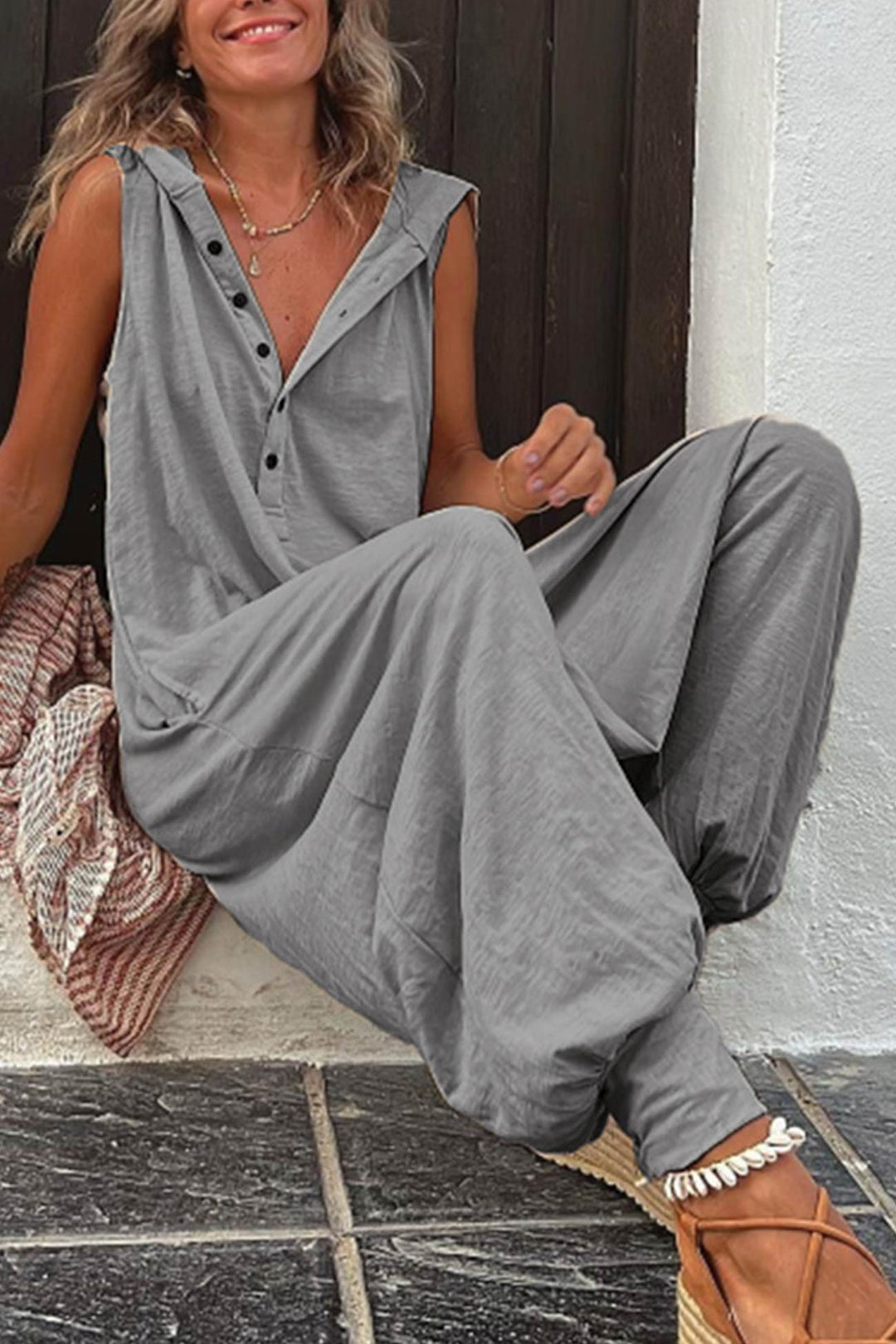 Heidi-Mode | Ärmeloses Einfarbiges Outfit mit Kapuze und Lässiger Passform