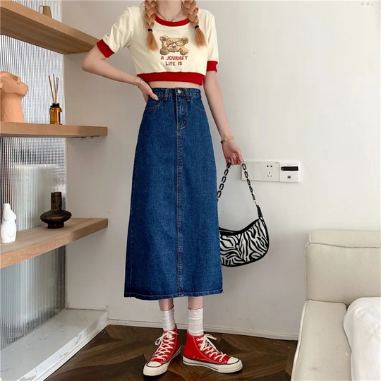 Heidi-Mode | Taille Lockere Unterseite Lange Jeansrock