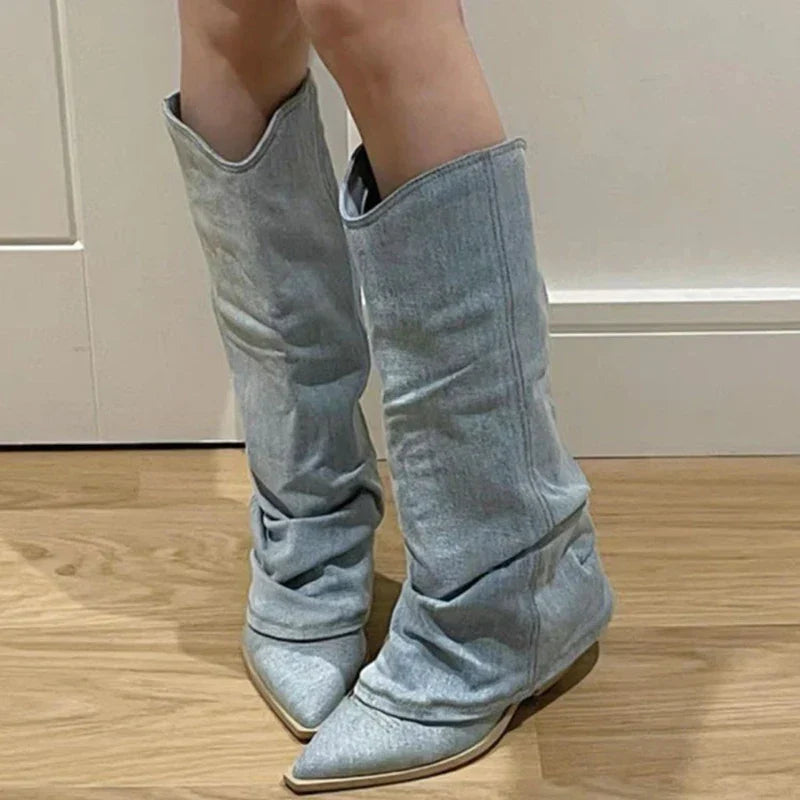 Heidi-Mode | Lässige Denim kniehohe Stiefel für Frauen – Schick & Bequem