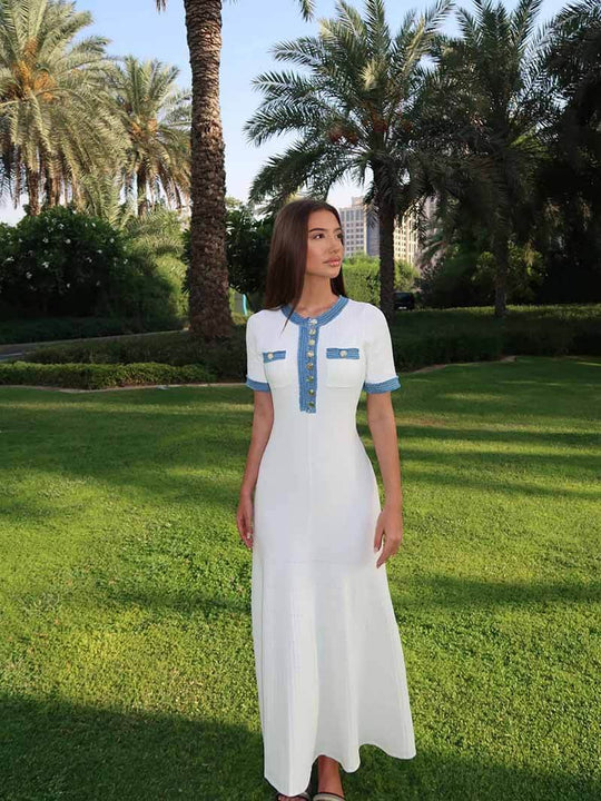 Heidi-Mode | Maxi-Kleid - Dekorative Strick mit Fransen-Denim-Einsatz