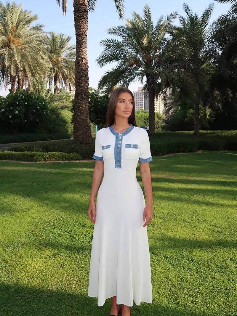 Heidi-Mode | Maxi-Kleid - Dekorative Strick mit Fransen-Denim-Einsatz