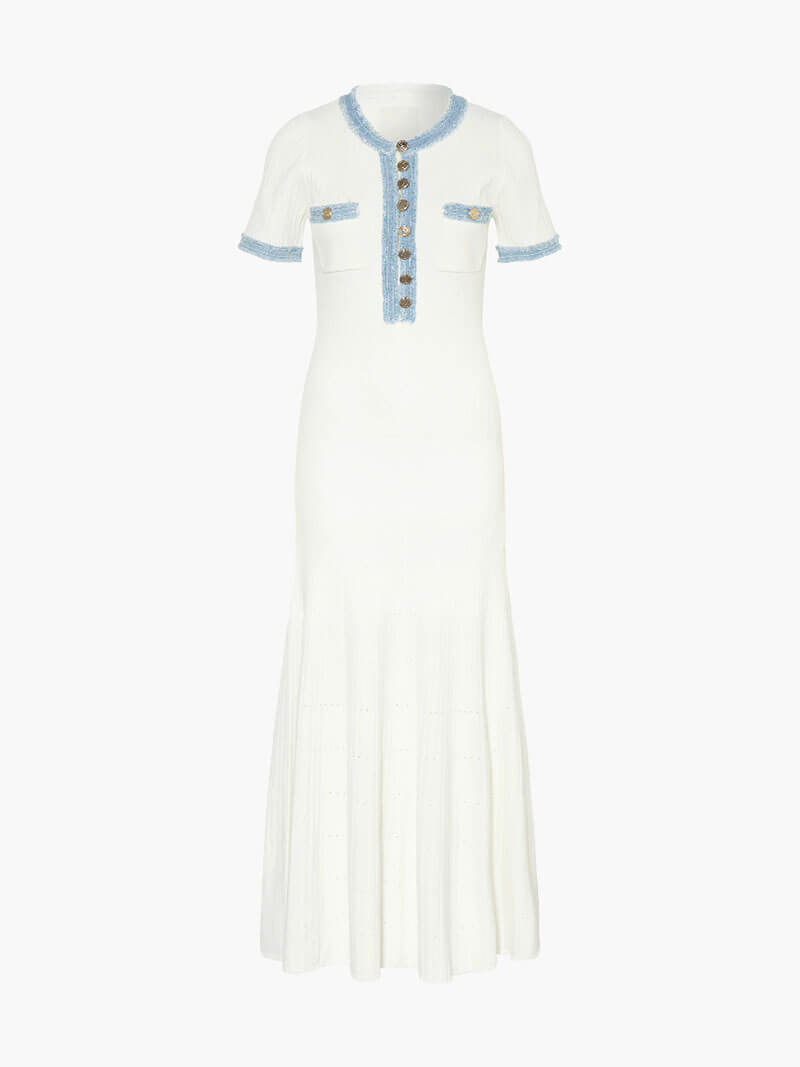 Heidi-Mode | Maxi-Kleid - Dekorative Strick mit Fransen-Denim-Einsatz