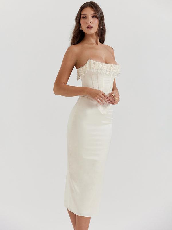 Heidi-Mode | Uni-Farben Sexy Ärmelloses Off-Shoulder Perlen-Fischgrät Schlitz Kleid Rock Damen Kleid