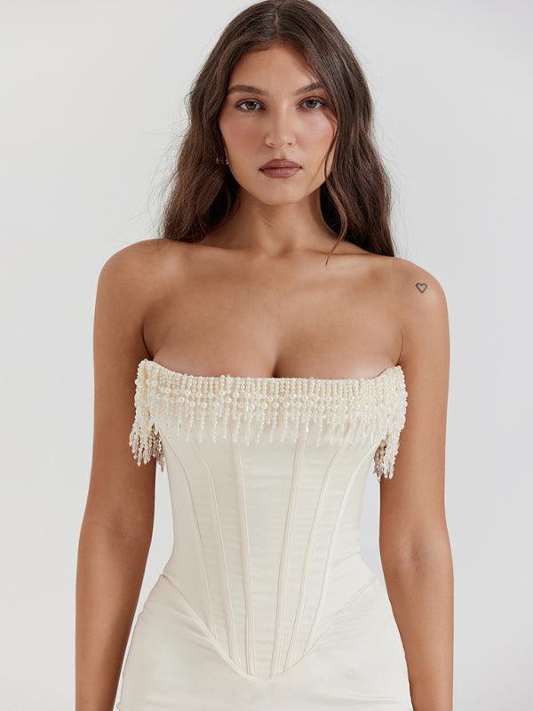 Heidi-Mode | Uni-Farben Sexy Ärmelloses Off-Shoulder Perlen-Fischgrät Schlitz Kleid Rock Damen Kleid