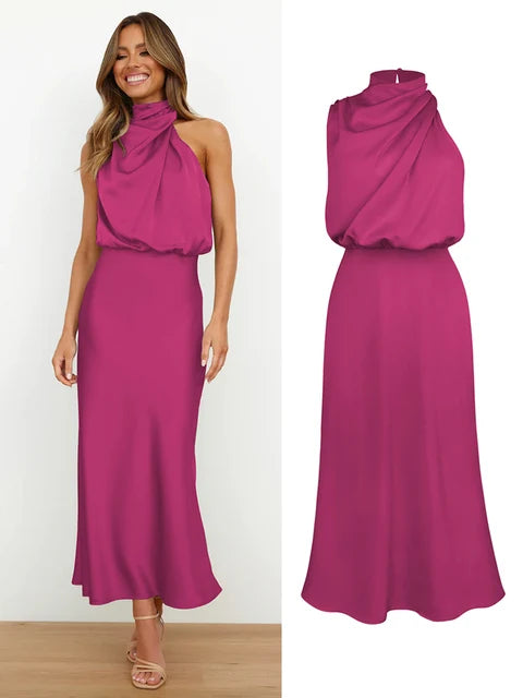 Elegantes Halsrisse Spaghetti Midi Kleid