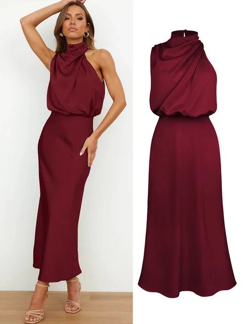 Elegantes Halsrisse Spaghetti Midi Kleid