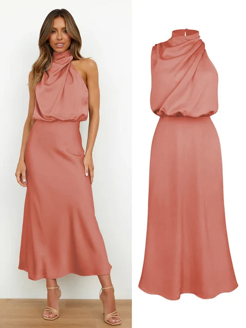 Elegantes Halsrisse Spaghetti Midi Kleid