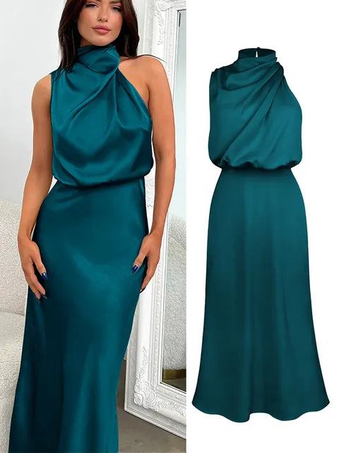 Elegantes Halsrisse Spaghetti Midi Kleid