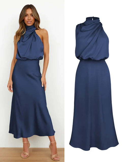 Elegantes Halsrisse Spaghetti Midi Kleid