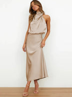 Elegantes Halsrisse Spaghetti Midi Kleid
