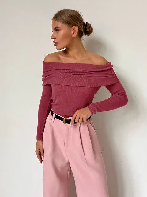 Gefaltener Off-Shoulder-Pullover mit langen Ärmeln