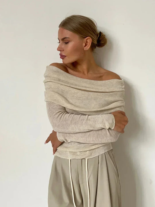 Gefaltener Off-Shoulder-Pullover mit langen Ärmeln