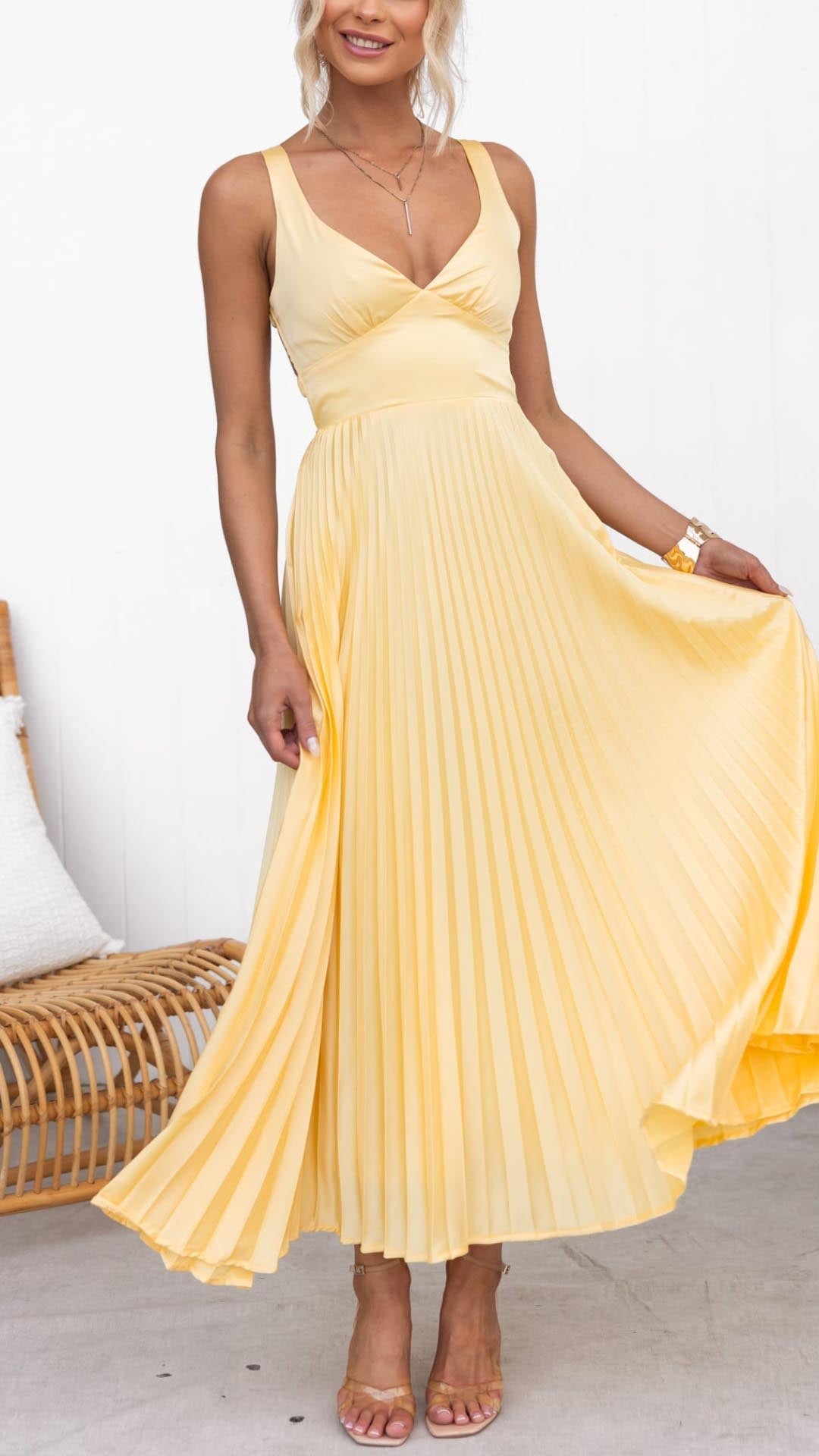 Heidi-Mode | Gelb Plissiertes V-Ausschnitt Maxi Kleid
