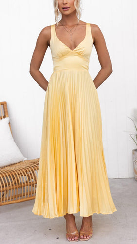 Heidi-Mode | Gelb Plissiertes V-Ausschnitt Maxi Kleid