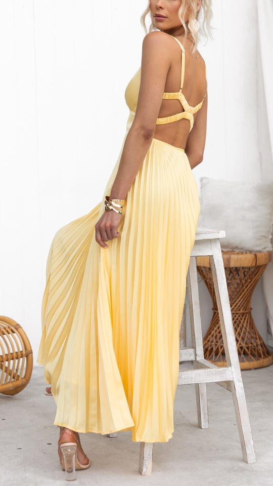 Heidi-Mode | Gelb Plissiertes V-Ausschnitt Maxi Kleid