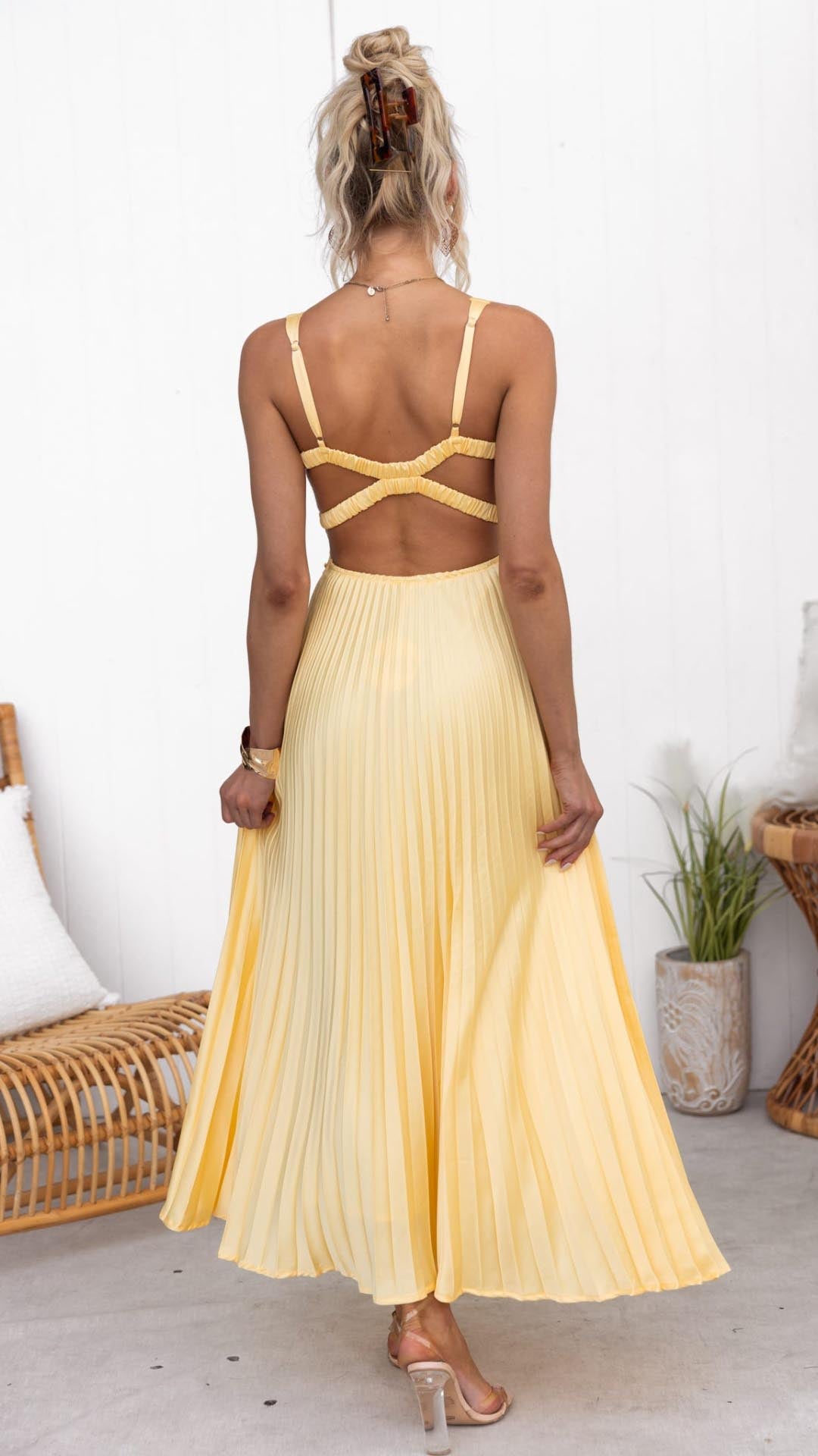 Heidi-Mode | Gelb Plissiertes V-Ausschnitt Maxi Kleid