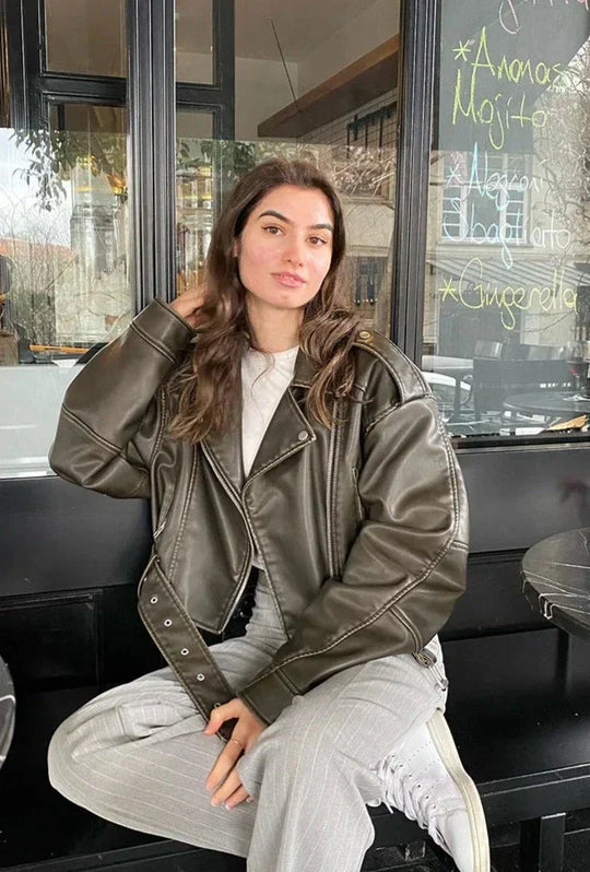 Heidi-Mode | Damen verkürzte Kunstleder Bikerjacke mit taillierter Taille