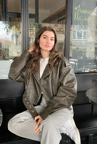Heidi-Mode | Damen verkürzte Kunstleder Bikerjacke mit taillierter Taille