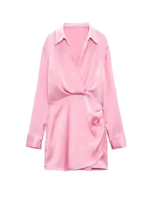 Damen Vintage V-Ausschnitt Lange Ärmel Satin Minikleid