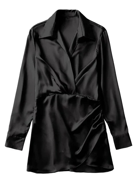 Damen Vintage V-Ausschnitt Lange Ärmel Satin Minikleid