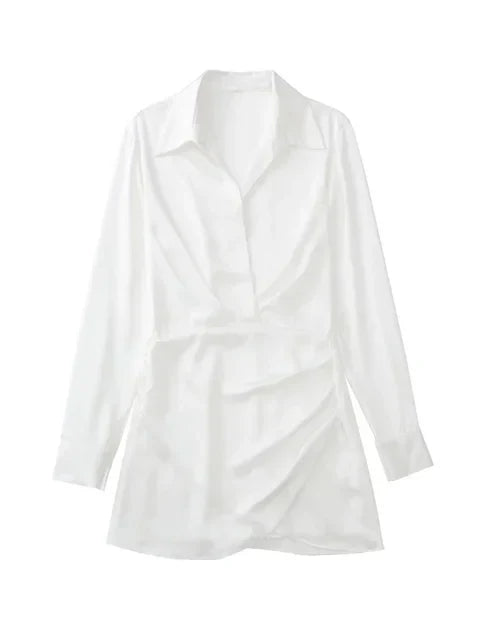 Damen Vintage V-Ausschnitt Lange Ärmel Satin Minikleid