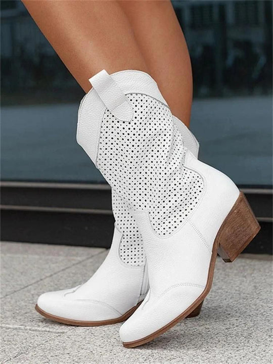 Heidi-Mode | Cowboy-Stiefel Stilvolle Damenstiefel mit Perforationen und Blockabsatz