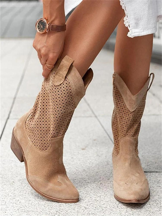 Heidi-Mode | Cowboy-Stiefel Stilvolle Damenstiefel mit Perforationen und Blockabsatz