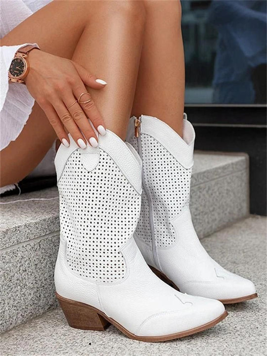 Heidi-Mode | Cowboy-Stiefel Stilvolle Damenstiefel mit Perforationen und Blockabsatz