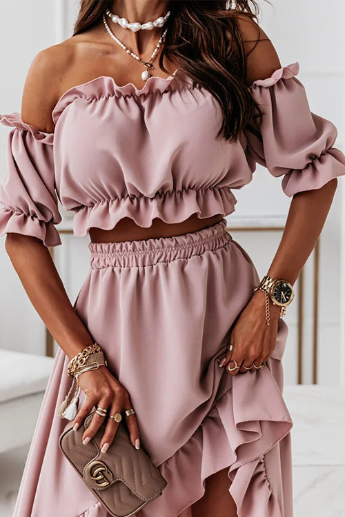 Heidi-Mode | Flügel Off Shoulder Crop Unregelmäßigkeit Rock Set