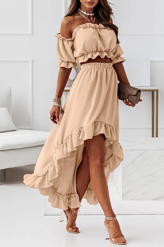 Heidi-Mode | Flügel Off Shoulder Crop Unregelmäßigkeit Rock Set