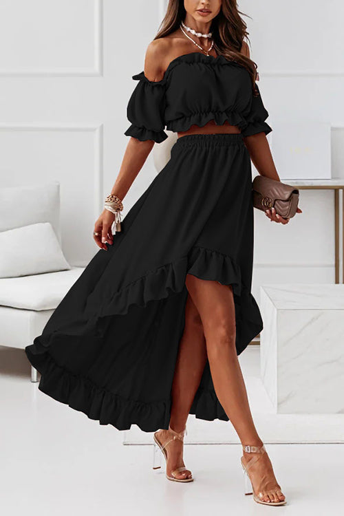 Heidi-Mode | Flügel Off Shoulder Crop Unregelmäßigkeit Rock Set