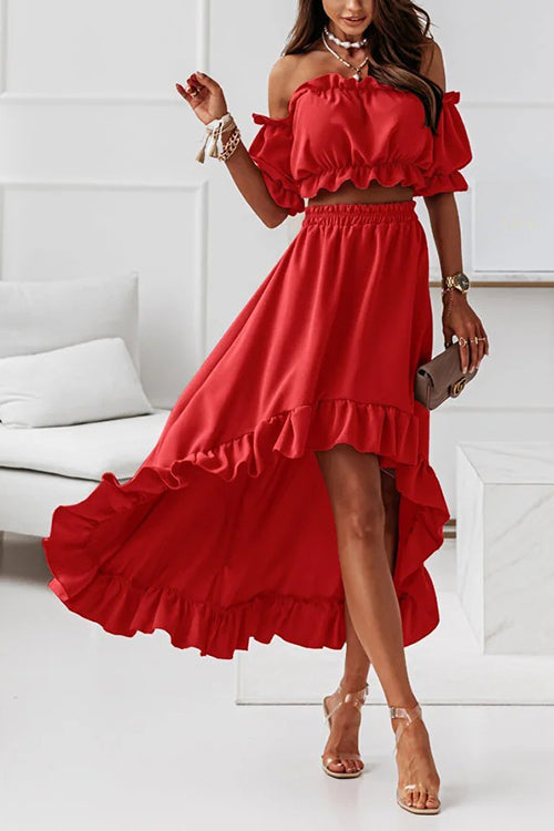 Heidi-Mode | Flügel Off Shoulder Crop Unregelmäßigkeit Rock Set