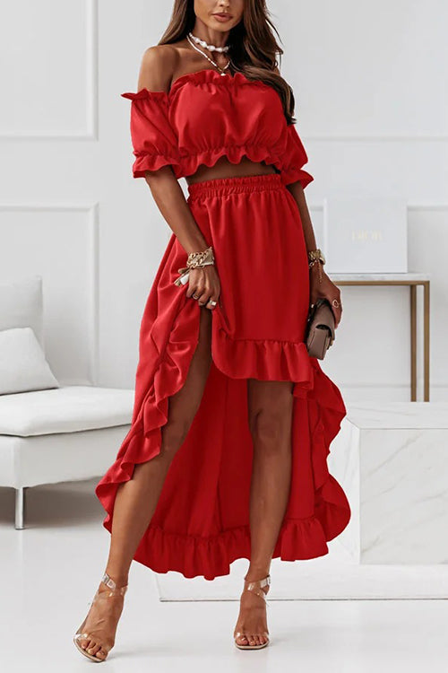 Heidi-Mode | Flügel Off Shoulder Crop Unregelmäßigkeit Rock Set