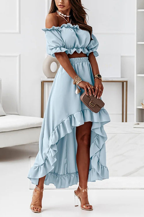 Heidi-Mode | Flügel Off Shoulder Crop Unregelmäßigkeit Rock Set