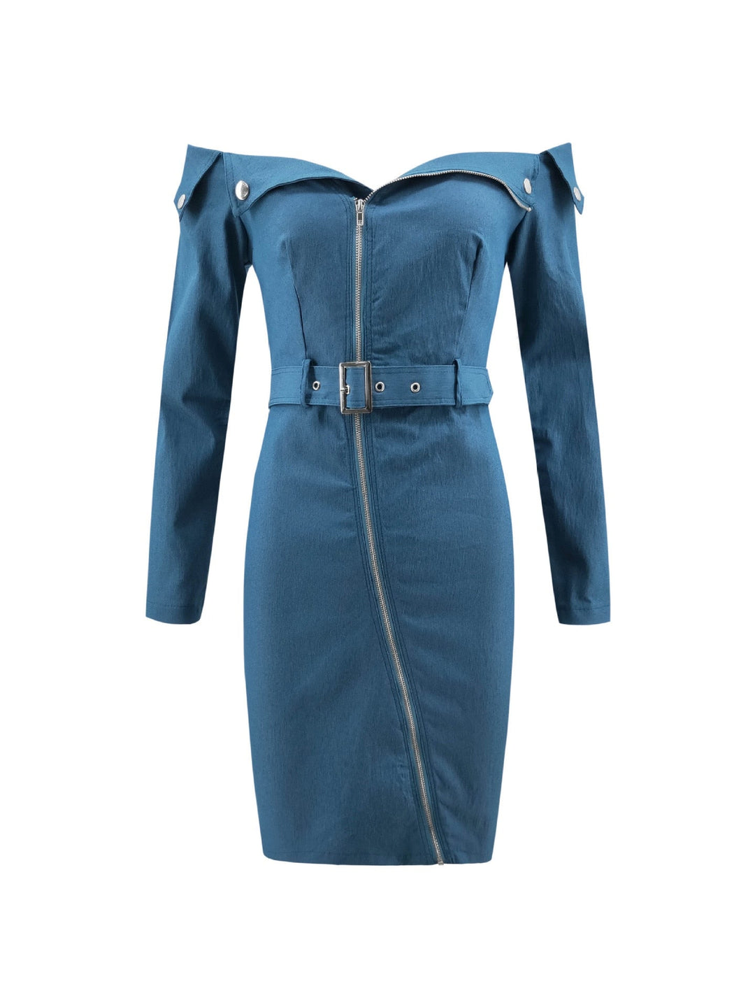 Heidi-Mode | Langärmlige Off Shoulder Mini Denim Kleider mit Gürtel