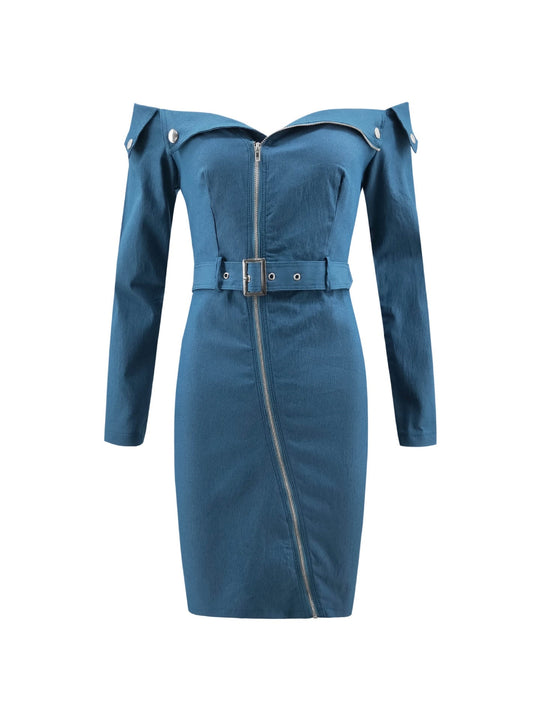 Heidi-Mode | Langärmlige Off Shoulder Mini Denim Kleider mit Gürtel
