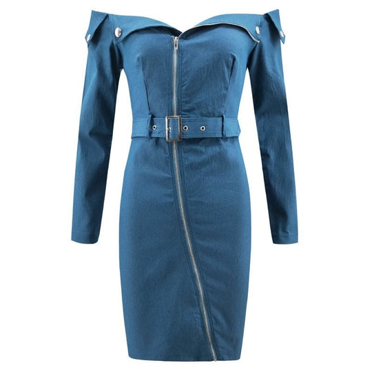 Heidi-Mode | Langärmlige Off Shoulder Mini Denim Kleider mit Gürtel