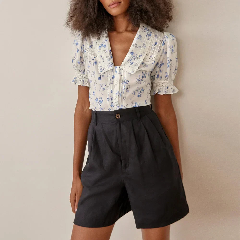 blouse met bloemenpatroon en kanten zoom