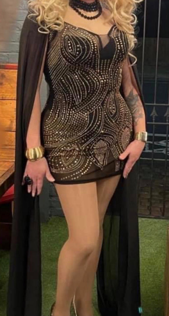 Heidi-Mode | Knöchellanges Flare Cape Ärmel Mesh Kristall Kleider