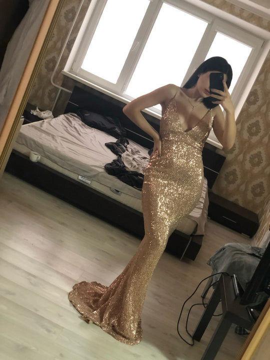 Heidi-Mode | Deep V-Pailletten Ärmellose Trompete Meerjungfrau Maxi Kleider